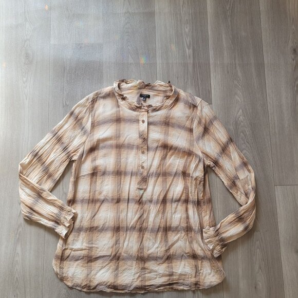Talbots Plus 1X Beige Plaid Button Front Top Womens Long Sleeve Lightweight Blou - Picture 2 of 8